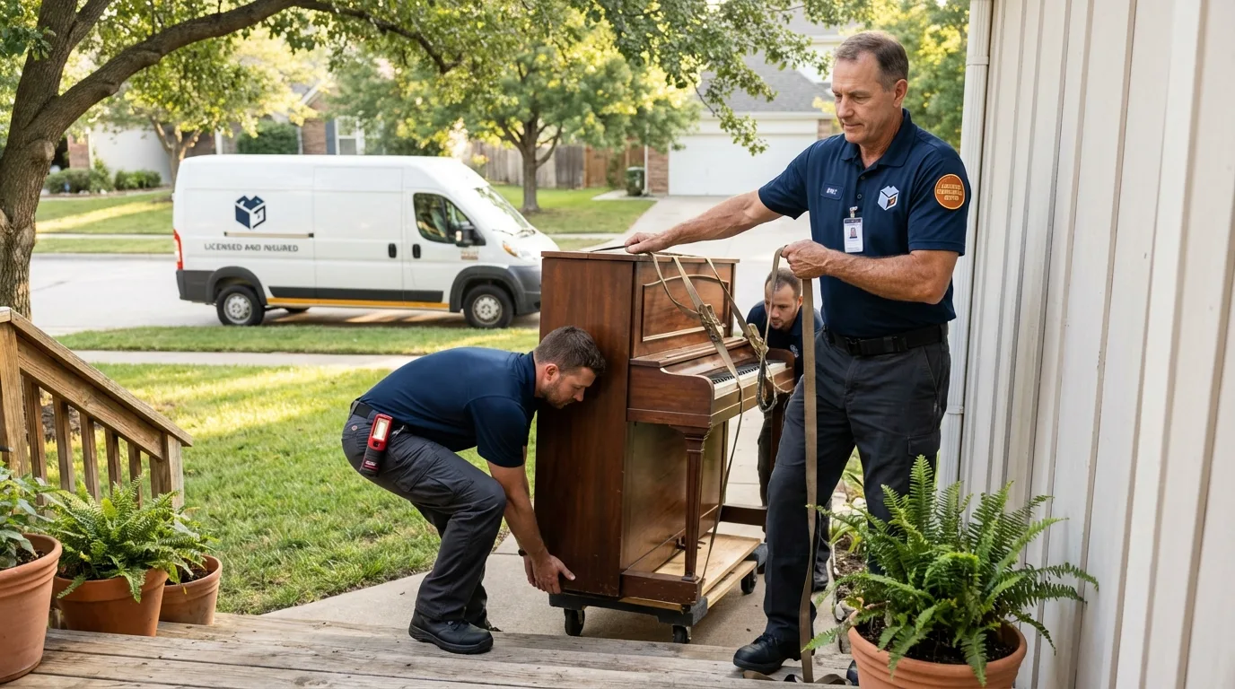 Licensed piano movers securing grand piano in Villa Grove, IL