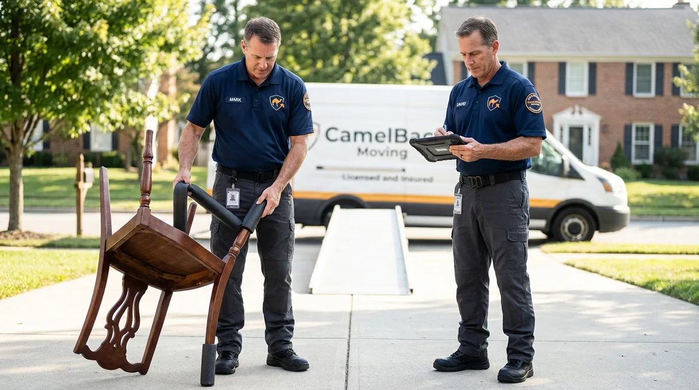 Movers inspecting furniture for damage prevention before loading in Villa Grove, IL