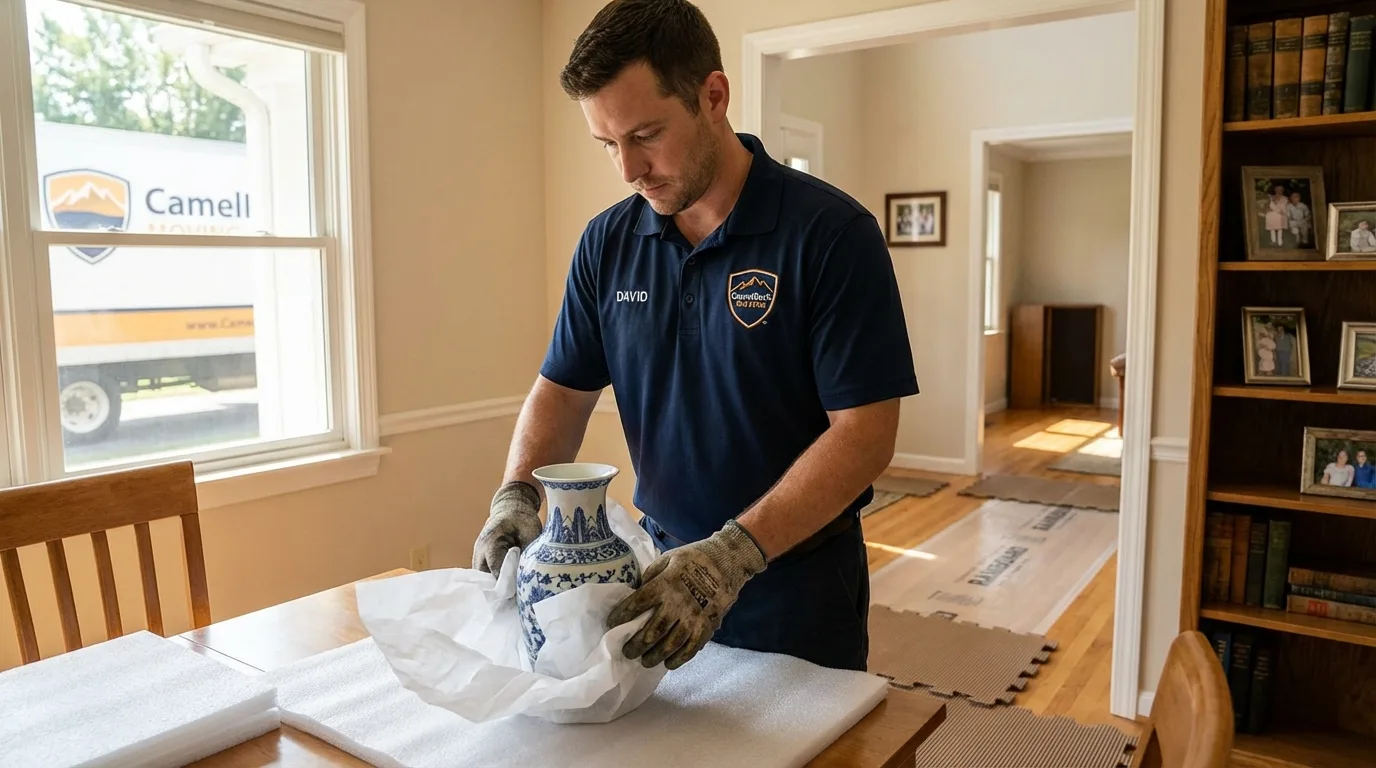 Professional crew carefully wrapping antique vase for senior downsizing move in Villa Grove, IL